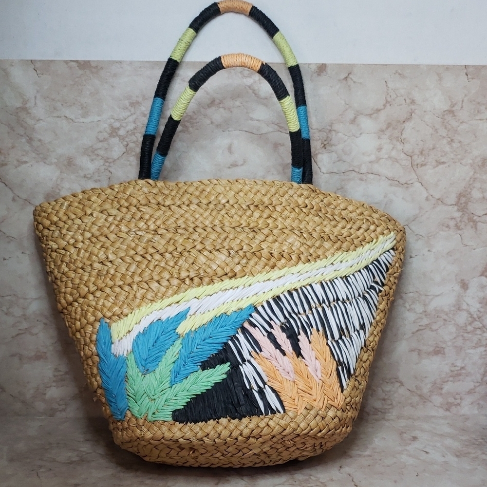 Tabitha Brown Colorful Woven Straw Tote Bag